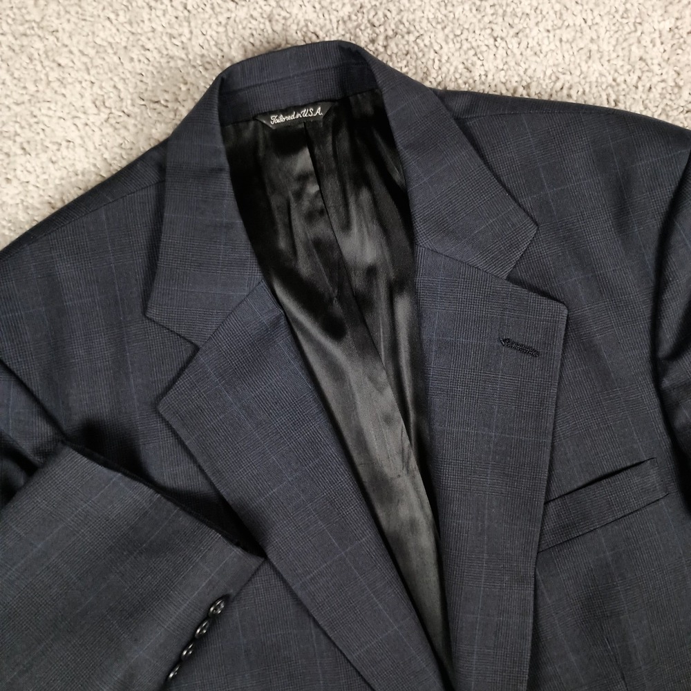 Vintage Joseph & Feiss 40R 34W Mens Blue Glen Plaid Athletic Fit Suit
